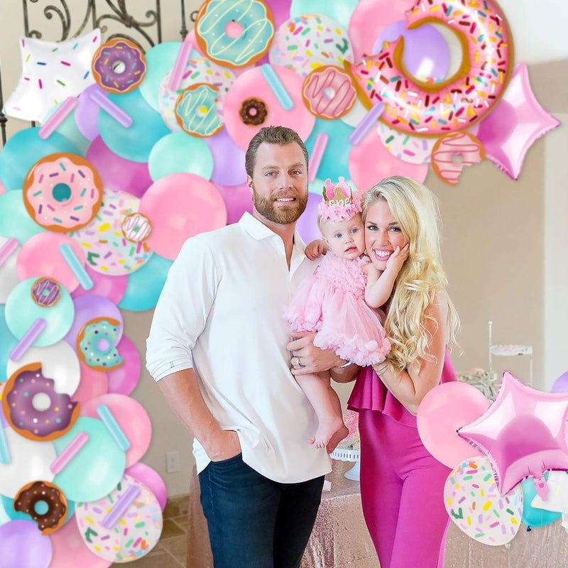 Levfla 100 PCS Donut Balloons Garland Pastel Decoration Kits Sprinkles Confetti Doughnut Backdrop Cutouts Kids Birthday Party Balloons Arch Photo Props Favor Ideas Supplies - Image 5